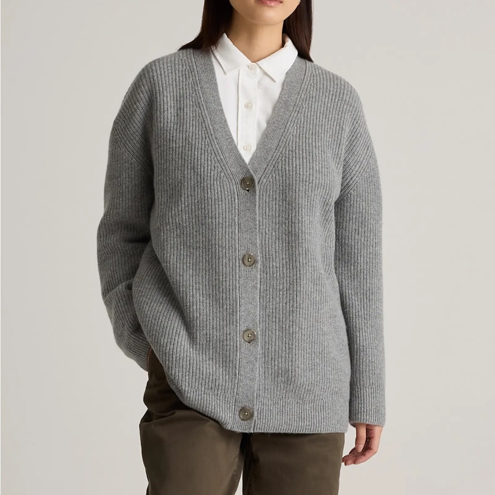 Quince Mongolian Cashmere Oversized Boyfriend Cardigan Sweater - Heather Grey